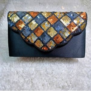Stefani Satin & Sequin Clutch Evening Bag Clutch Purse, Black/Gold/Silver/Orange